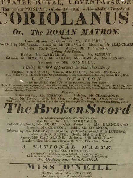 Playbill. Theatre Royal, Coventry-Garden  Monday, October 28, 1816