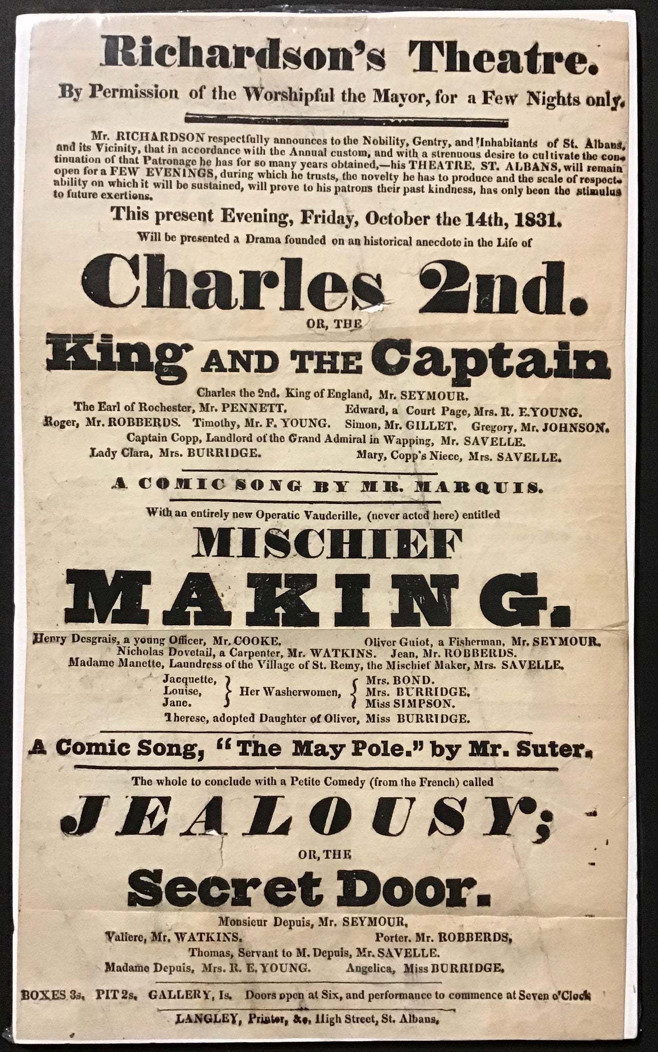 Richardson's Theatre - Charles the 2nd or the King and the Captain  - Playbill Oct. 14th, 1831